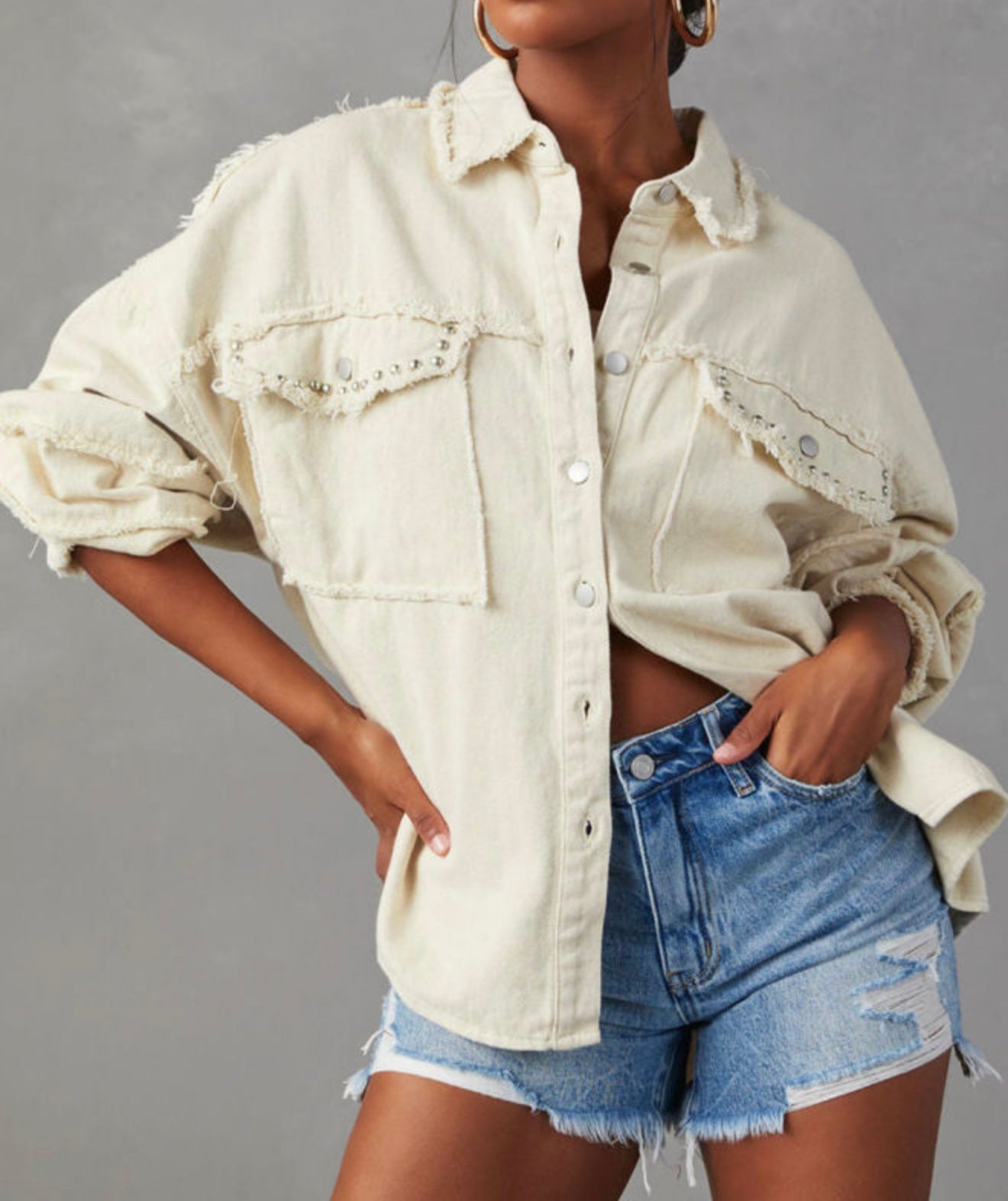 Cream Frayed Hem denim jacket with Brads
