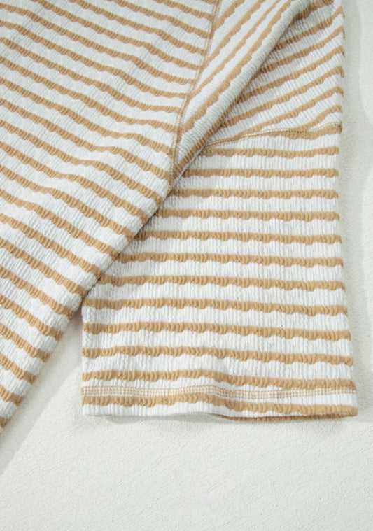 Light khaki striped short sleeve top from Ivy's Gifts & Boutique, casual basic for all wardrobes, soft and comfortable fabric.