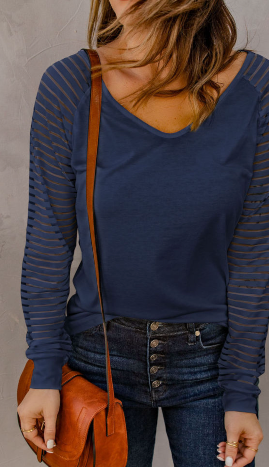 Navy Top with Sheer Striped Long Sleeves