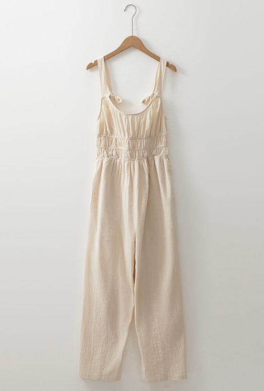 Oatmeal elastic waist jumpsuit with adjustable straps