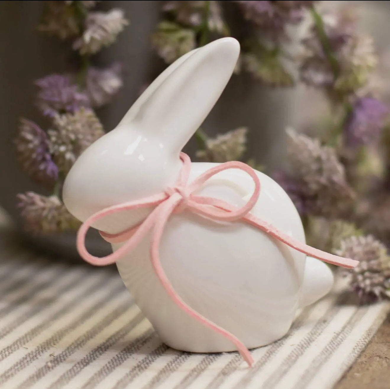White Ceramic Bunny with Pink Leather Bow