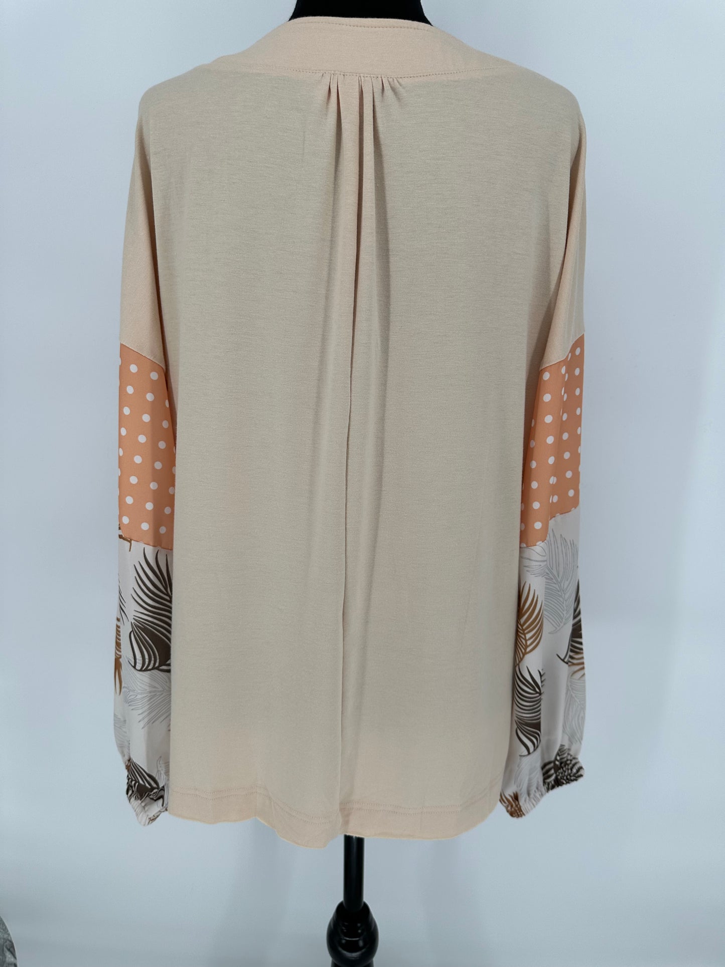 Beige Top with Printed Puff Sleeves Peach and Brown