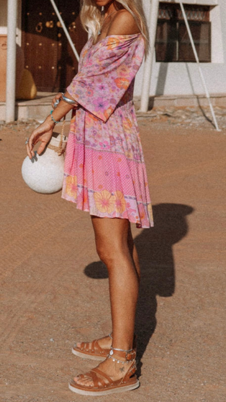 Pink Boho Style Baby Doll Dress with Buttons