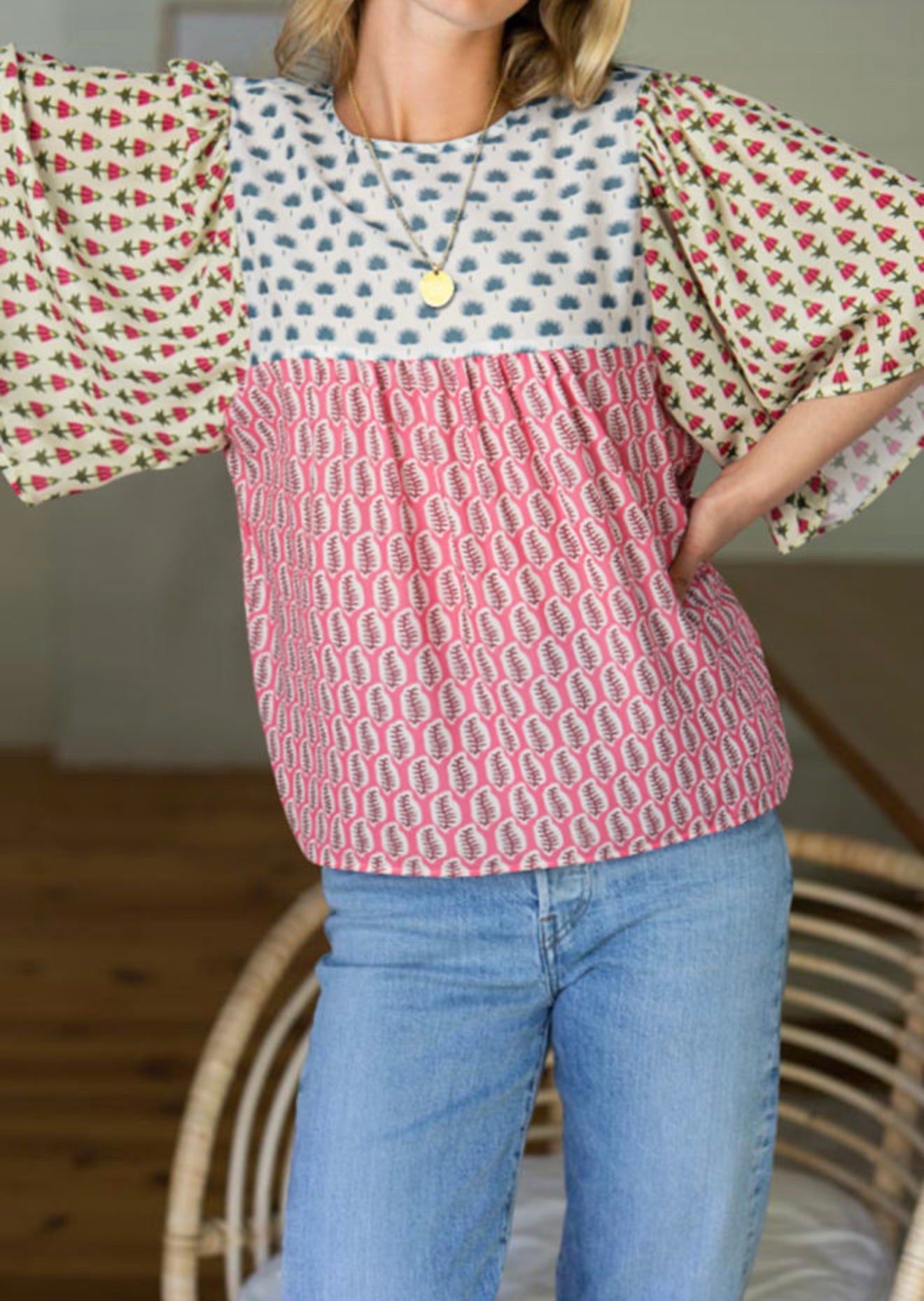 Multi Print Color Block Design Top with Pearl Button