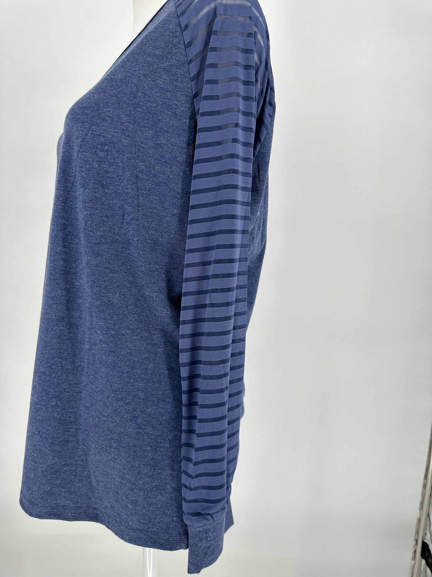 Navy Top with Sheer Striped Long Sleeves