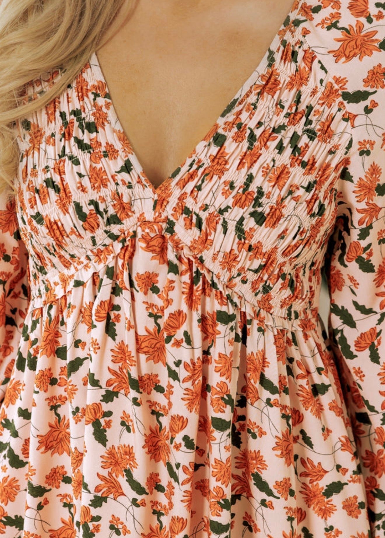 Orange Floral Print V-Neck Dress