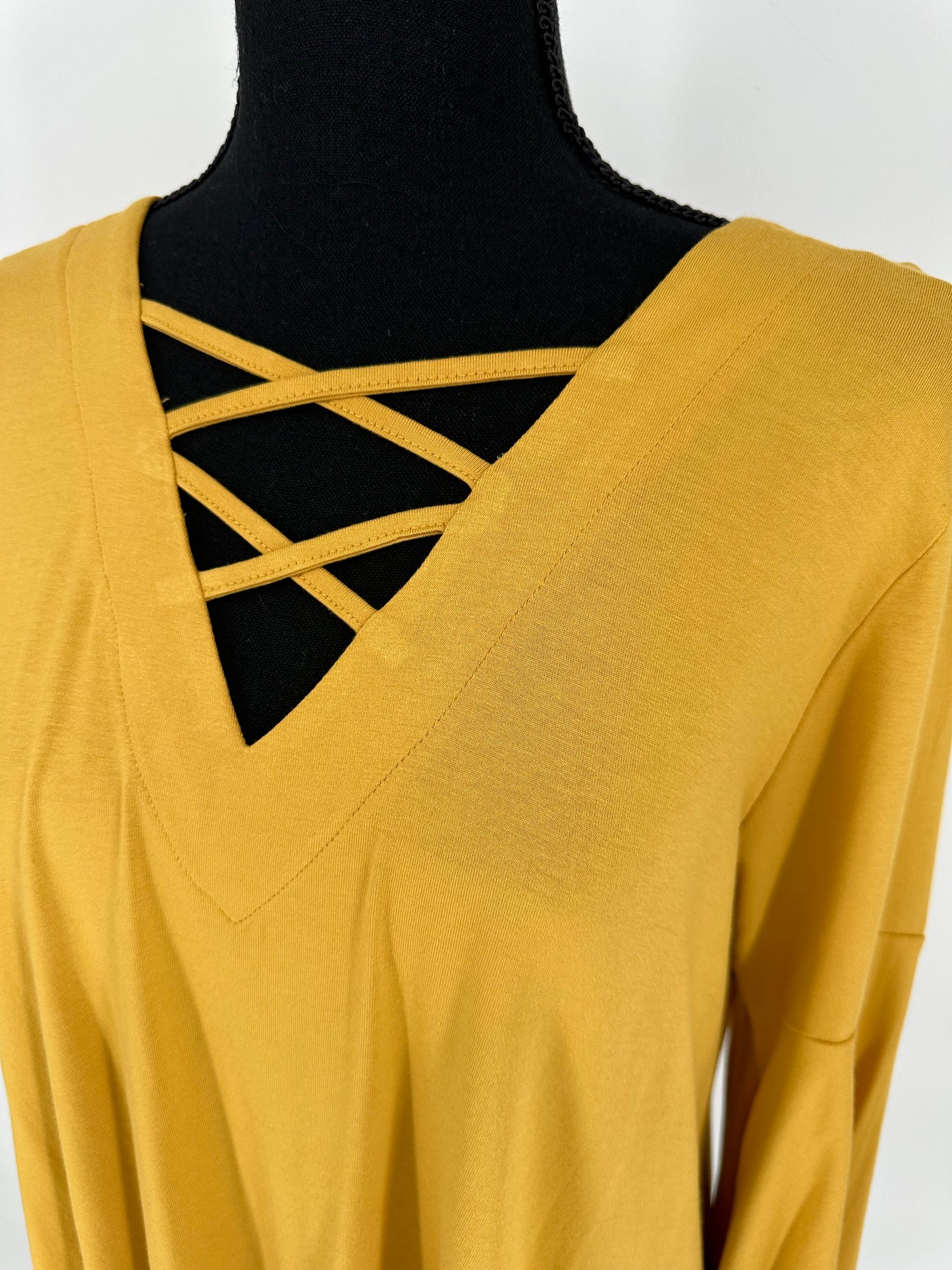 Umgee Mustard Lattice Neck/Back Detail Top