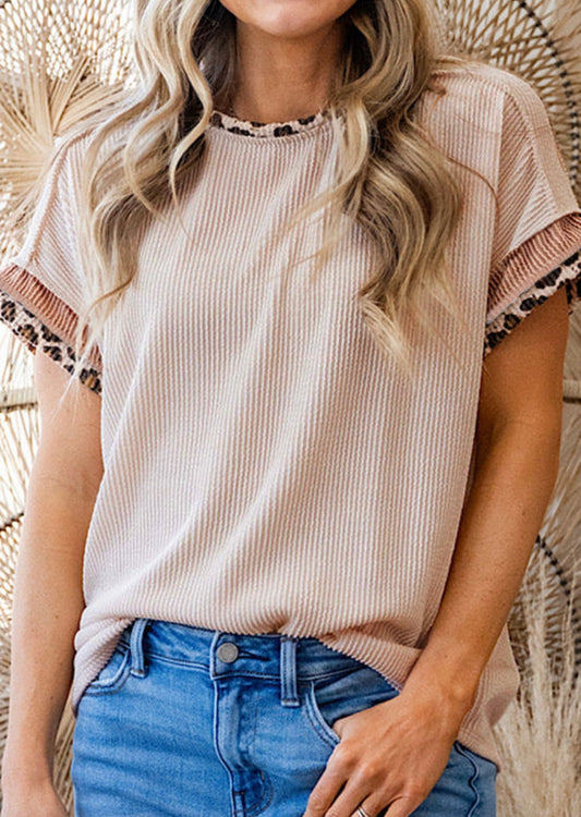 Ribbed Animal Print Trim Short Sleeve Top