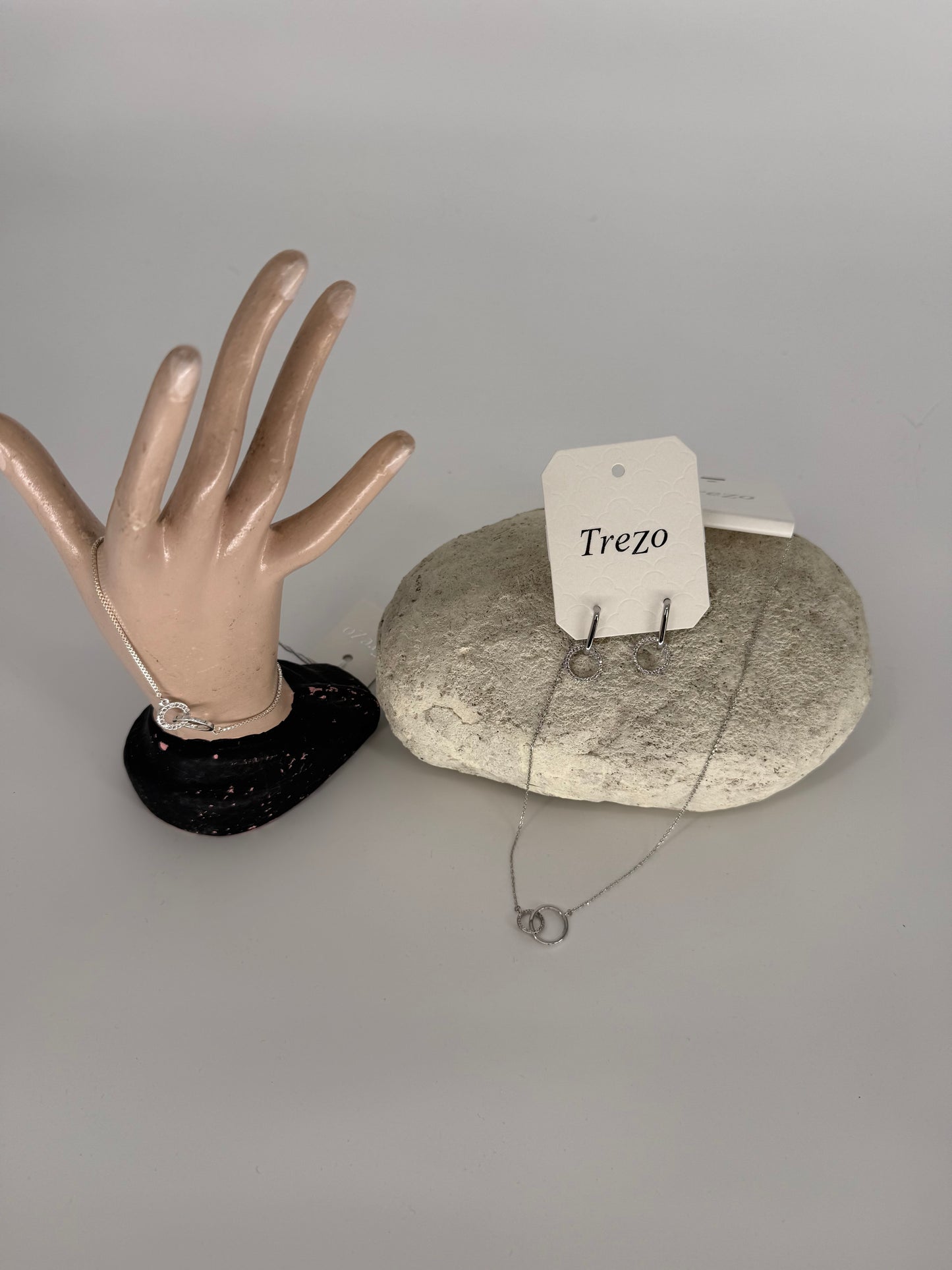 Trezo Silver Double Ring Minimalist style Necklace, Bracelet, and Earrings