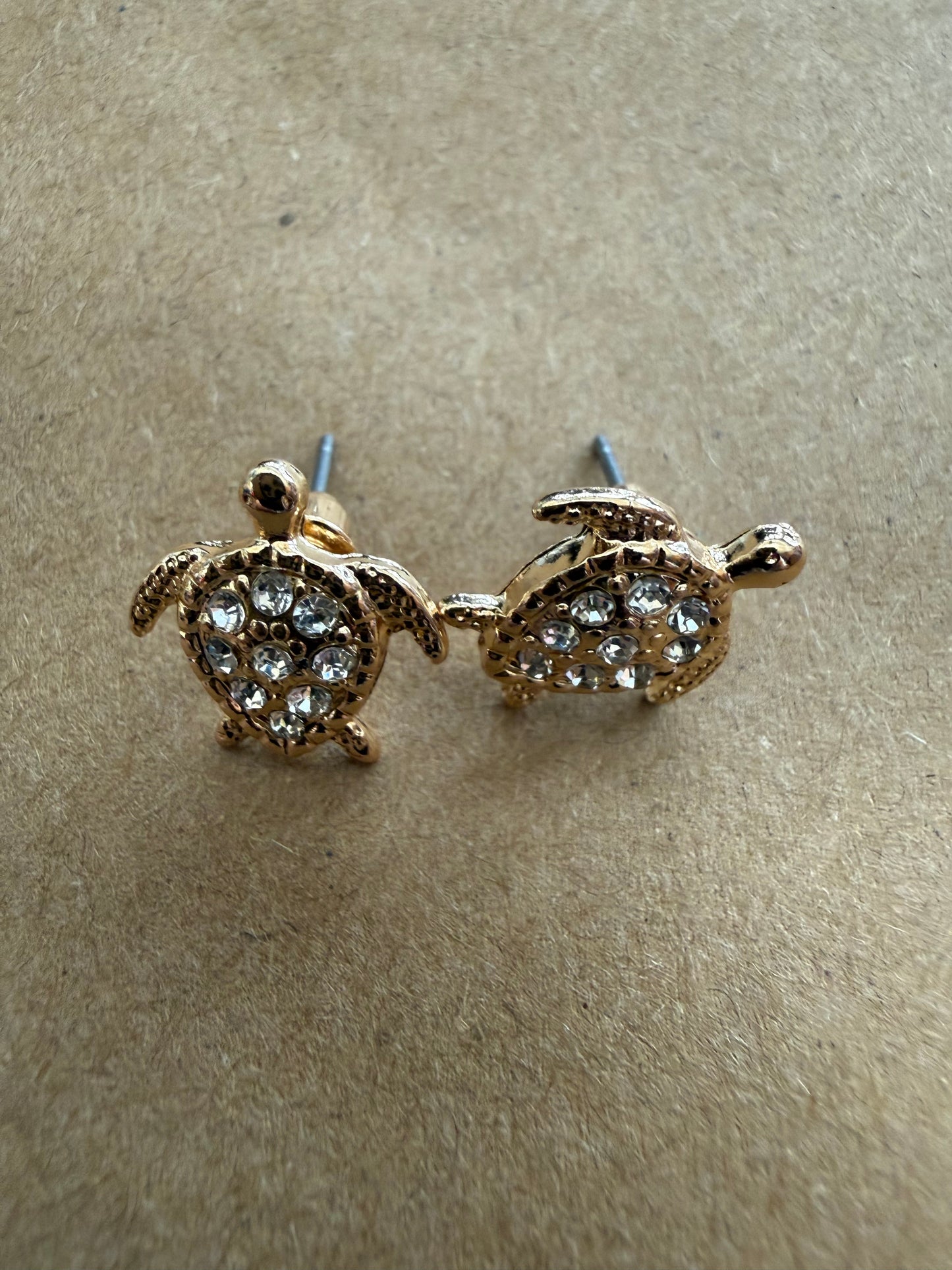 J31 Gold Turtle Earrings with Rhinestone Details
