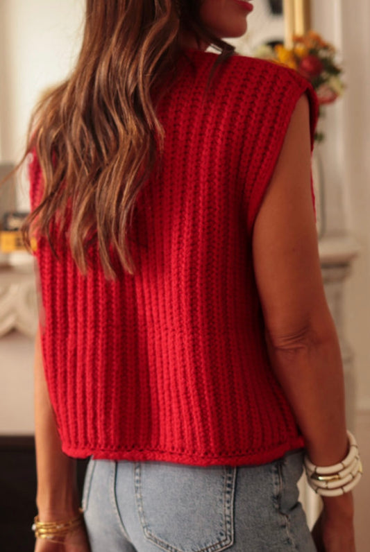 Wide Weave Red Sweater Vest with Gold Hammered Buttons