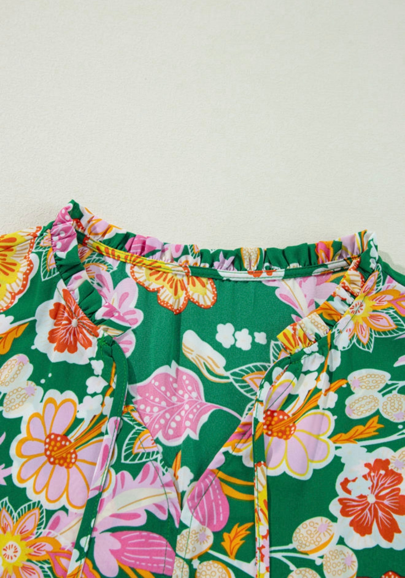 Floral Print Green Blouse with Tie at Neck