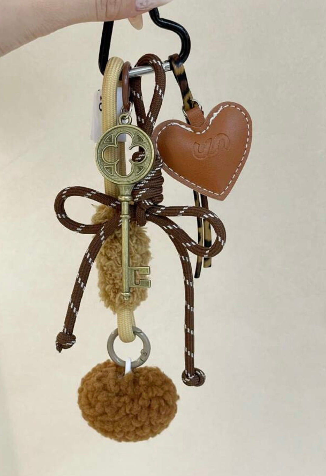 Brown Key Heart and Pom Pom Bag Charm