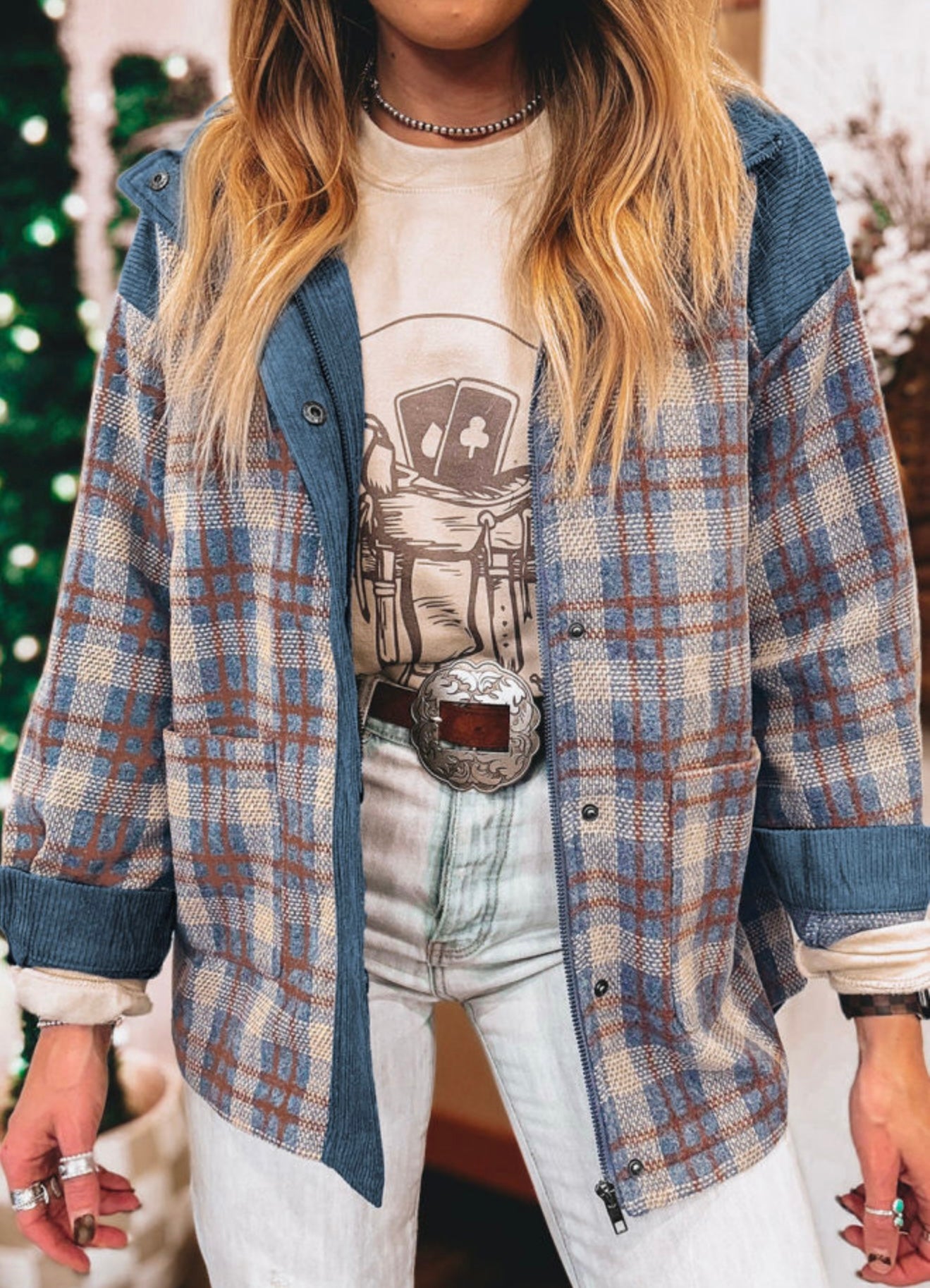 Plaid Jacket with Blue Corduroy Accents