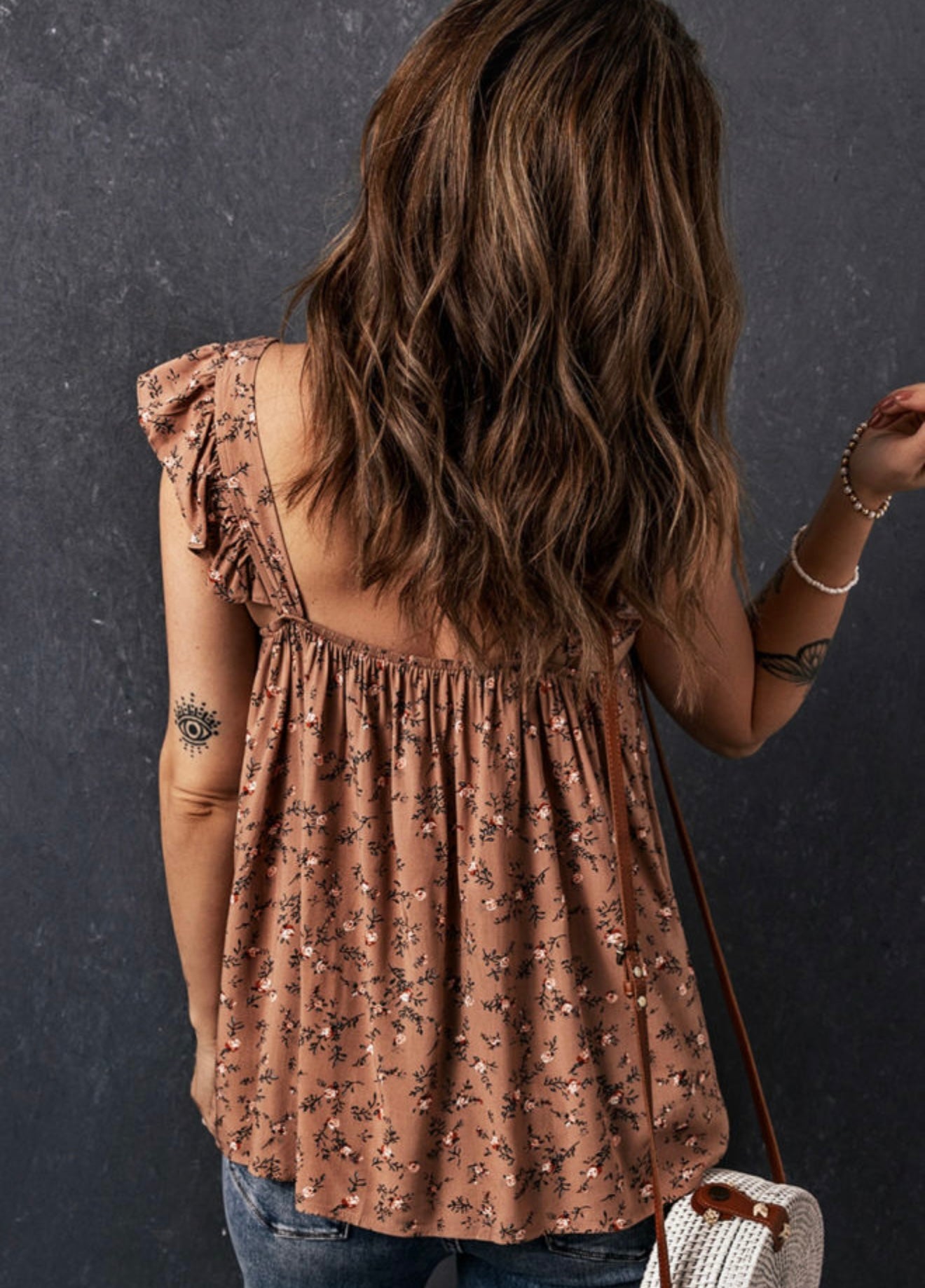 Brown Flutter Cap Sleeve Top with Tiny Flowers