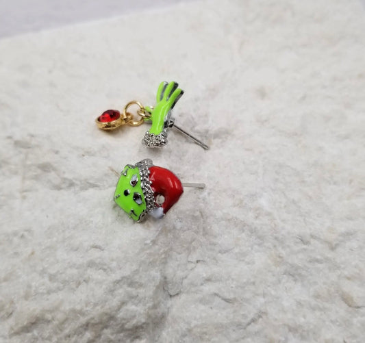 GE Grinch enamel earrings featuring festive green and red design, perfect for holiday fashion from Ivy's Gifts & Boutique.