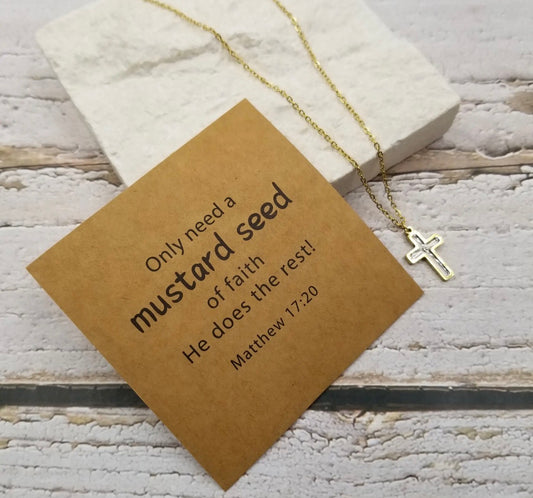 Ivy's Gifts & Boutique MSCN mustard seed cross necklace with sentiment card, featuring a delicate gold-tone chain and religious pendant.
