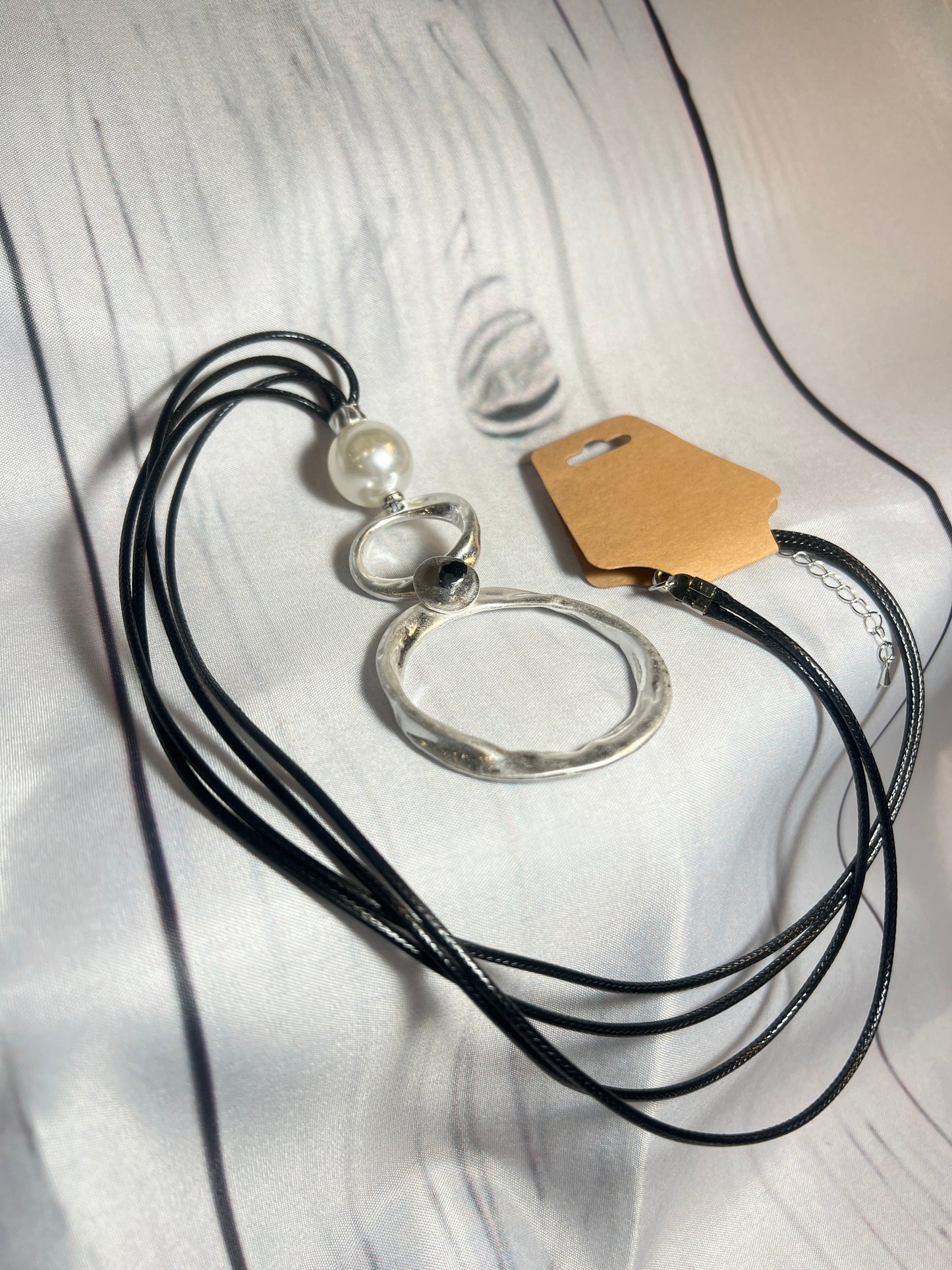 Black Corded Pearl with Silver Rings Long Necklace