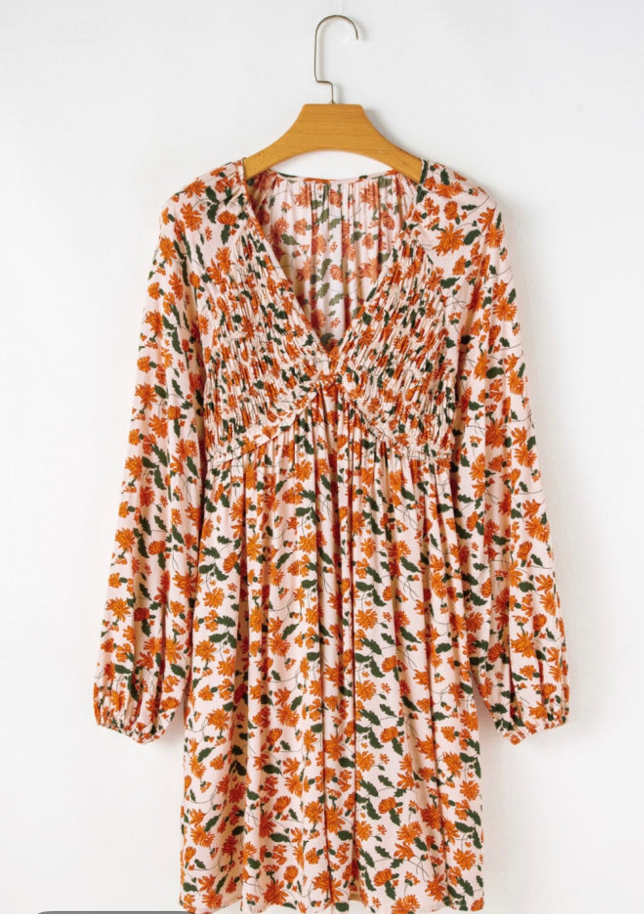 Orange Floral Print V-Neck Dress
