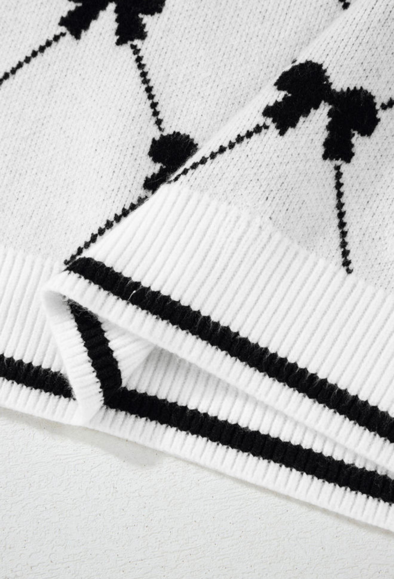 White Zipper Sweater with Black Bow Print