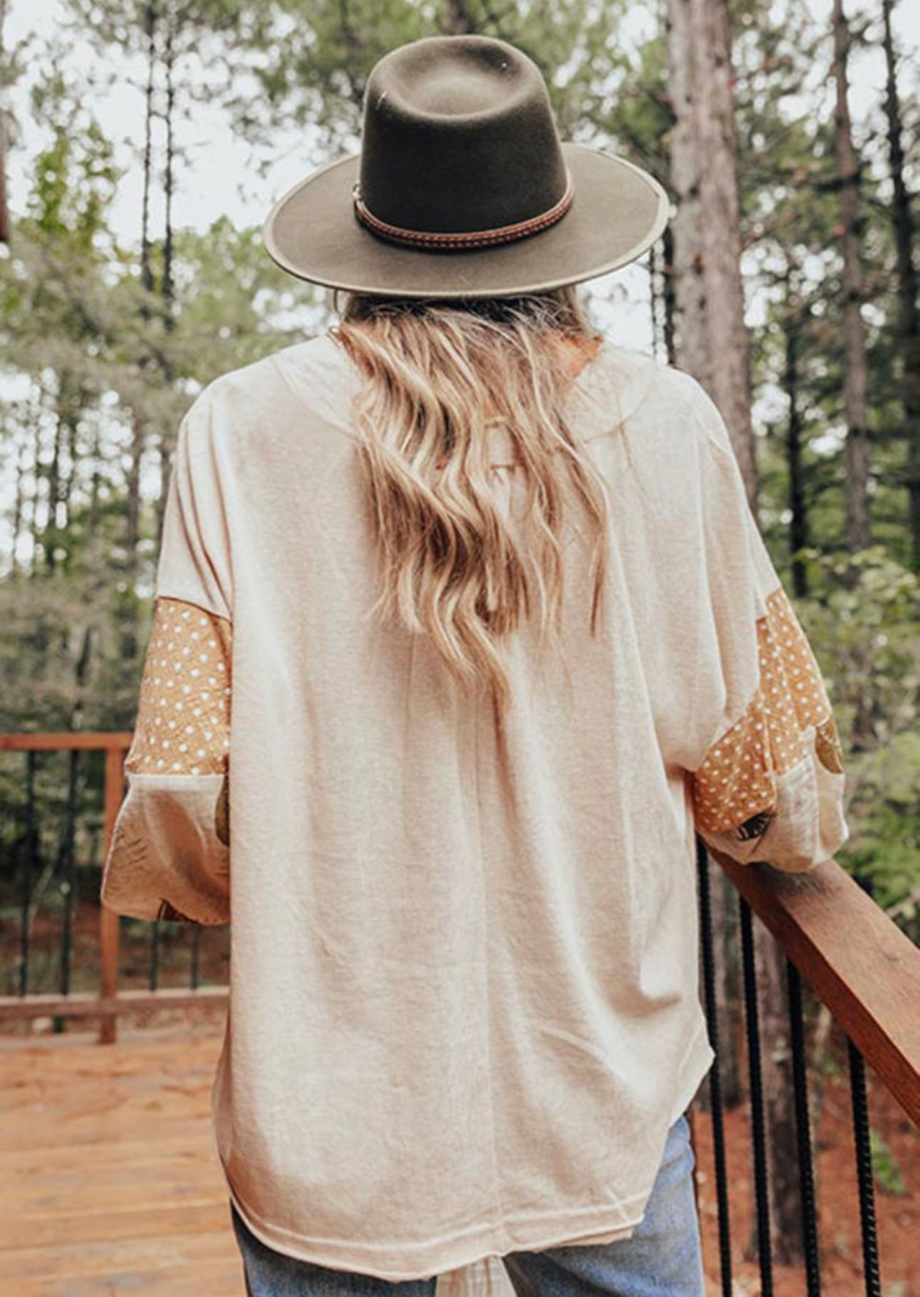 Beige Top with Printed Puff Sleeves Peach and Brown