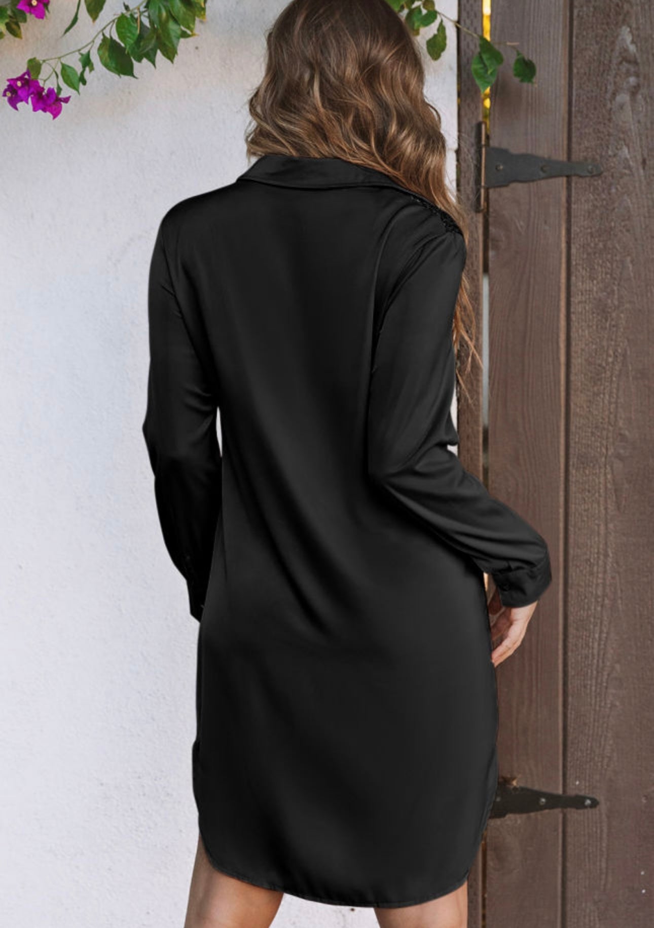 Black Satin Shirt Style Dress with Sequin Pocket Details