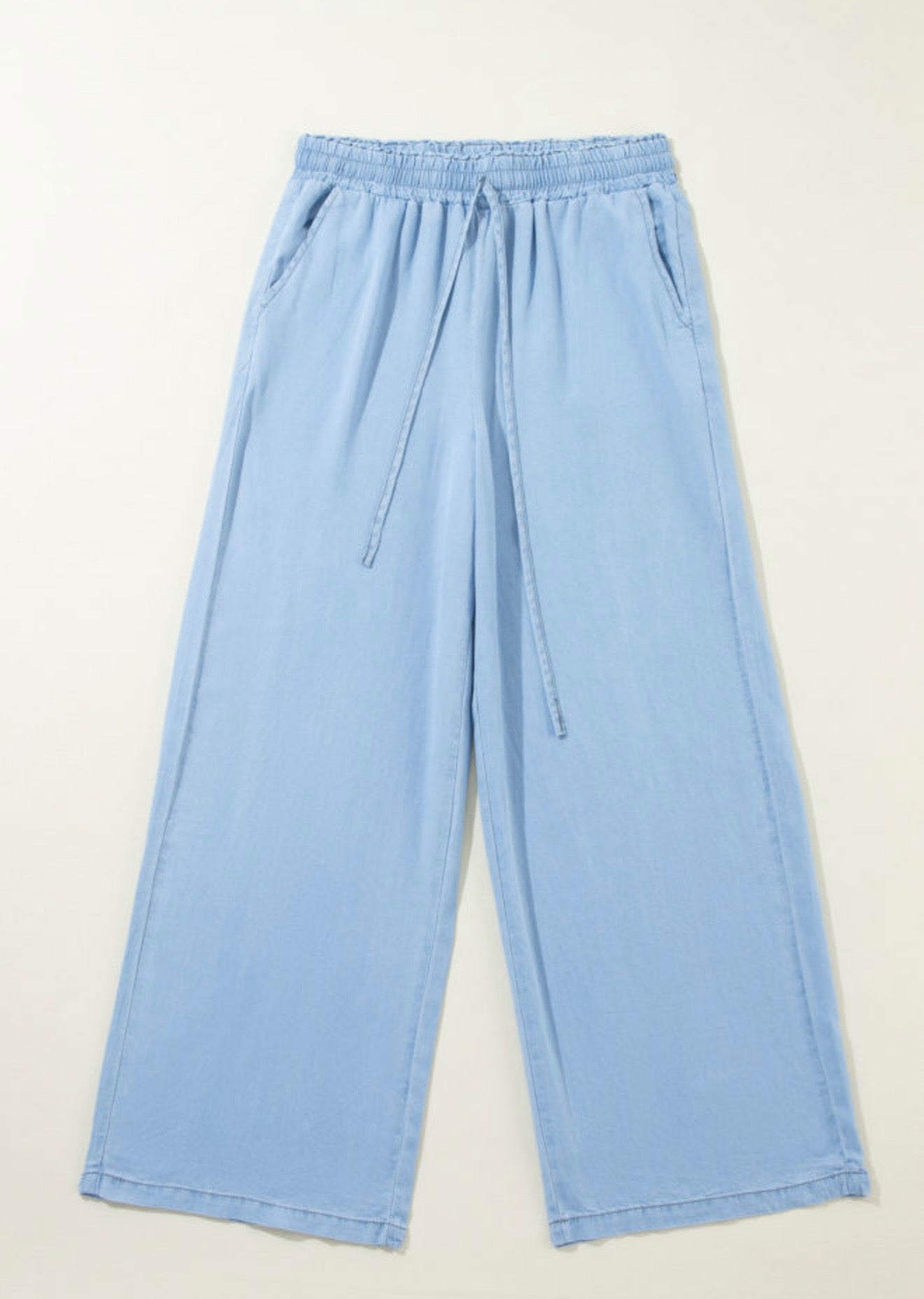 Blue Wide Leg Acid Wash Elastic Waist Pants