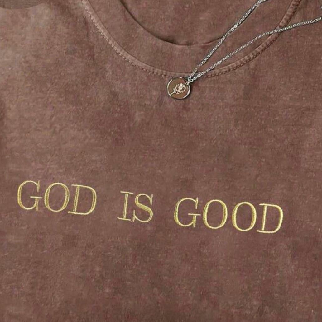 God Is Good Metallic Gold Embroidered T Shirt