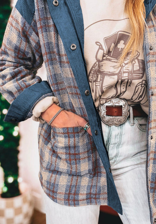 Plaid Jacket with Blue Corduroy Accents