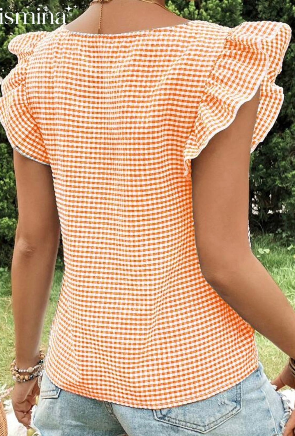 Orange and White Gingham Print Top