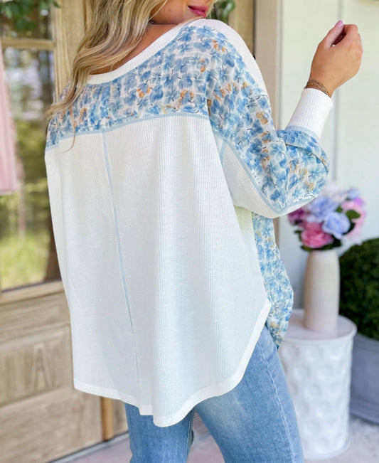 A45 Blue Floral Print Dolman Sleeve Top with White Boddice - Ivy's Gifts & Boutique