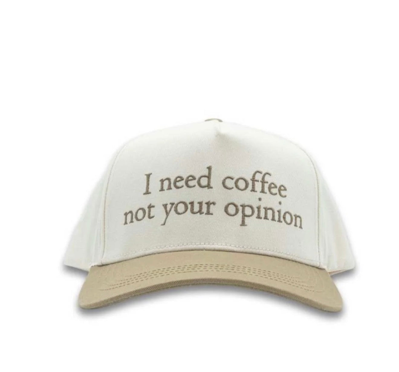 Black trucker style cap with "I Need Coffee Not Your Opinion" slogan in white lettering, adjustable mesh back, Ivy's Gifts & Boutique branding