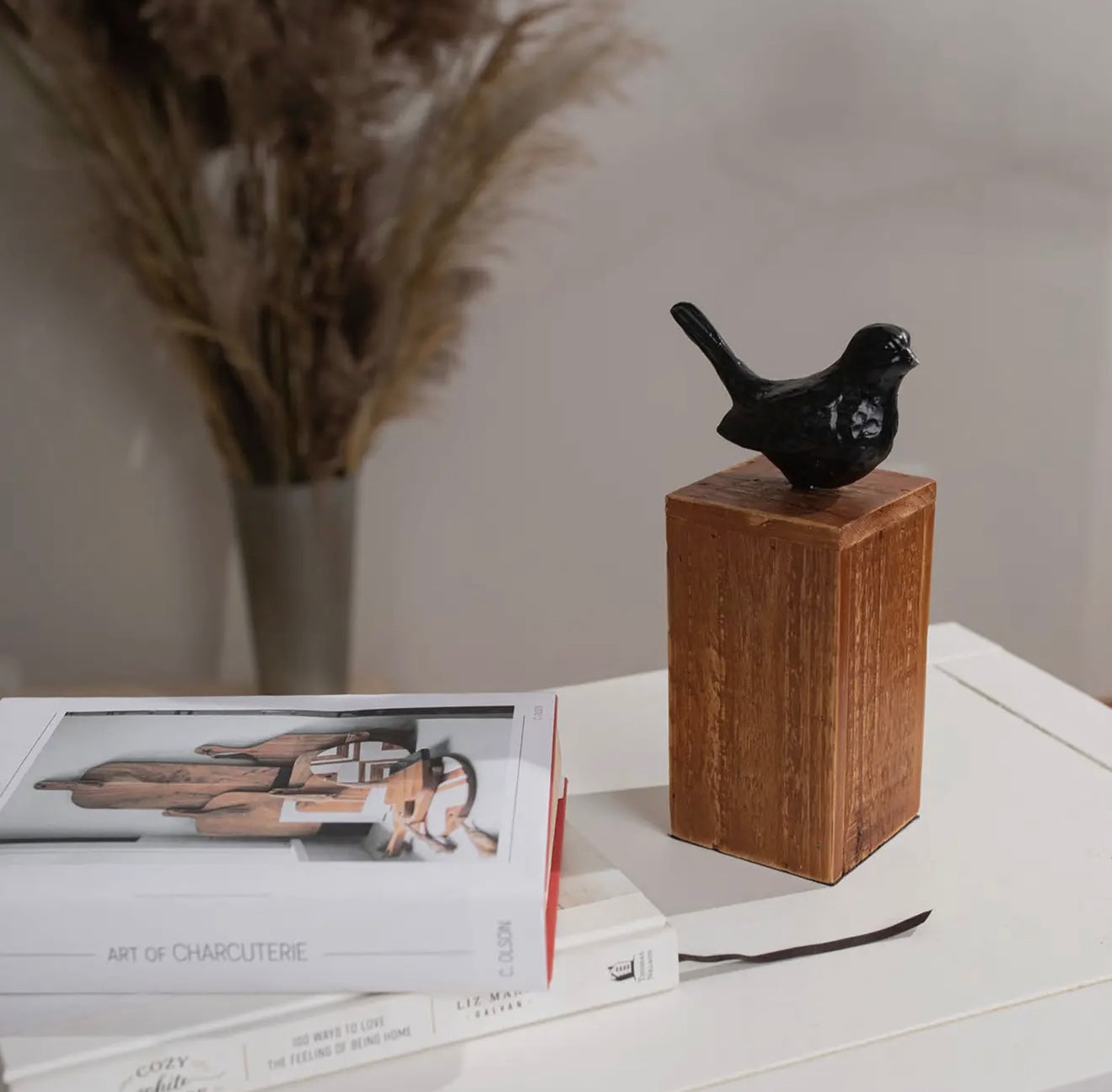 Cast Iron Black Bird on Wood Pedestal
