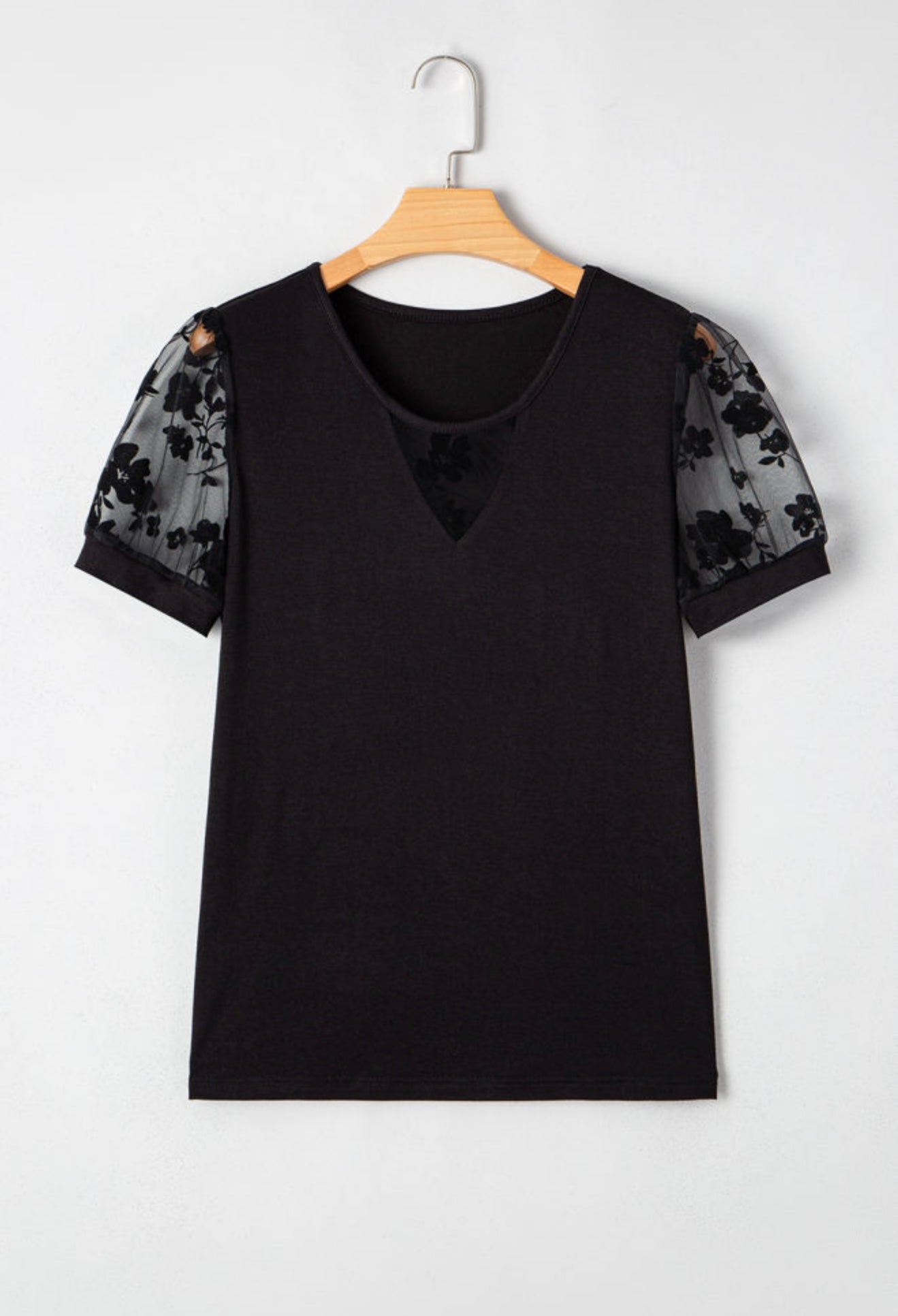 Black Top With Sheer Puff Sleeves and Neckline