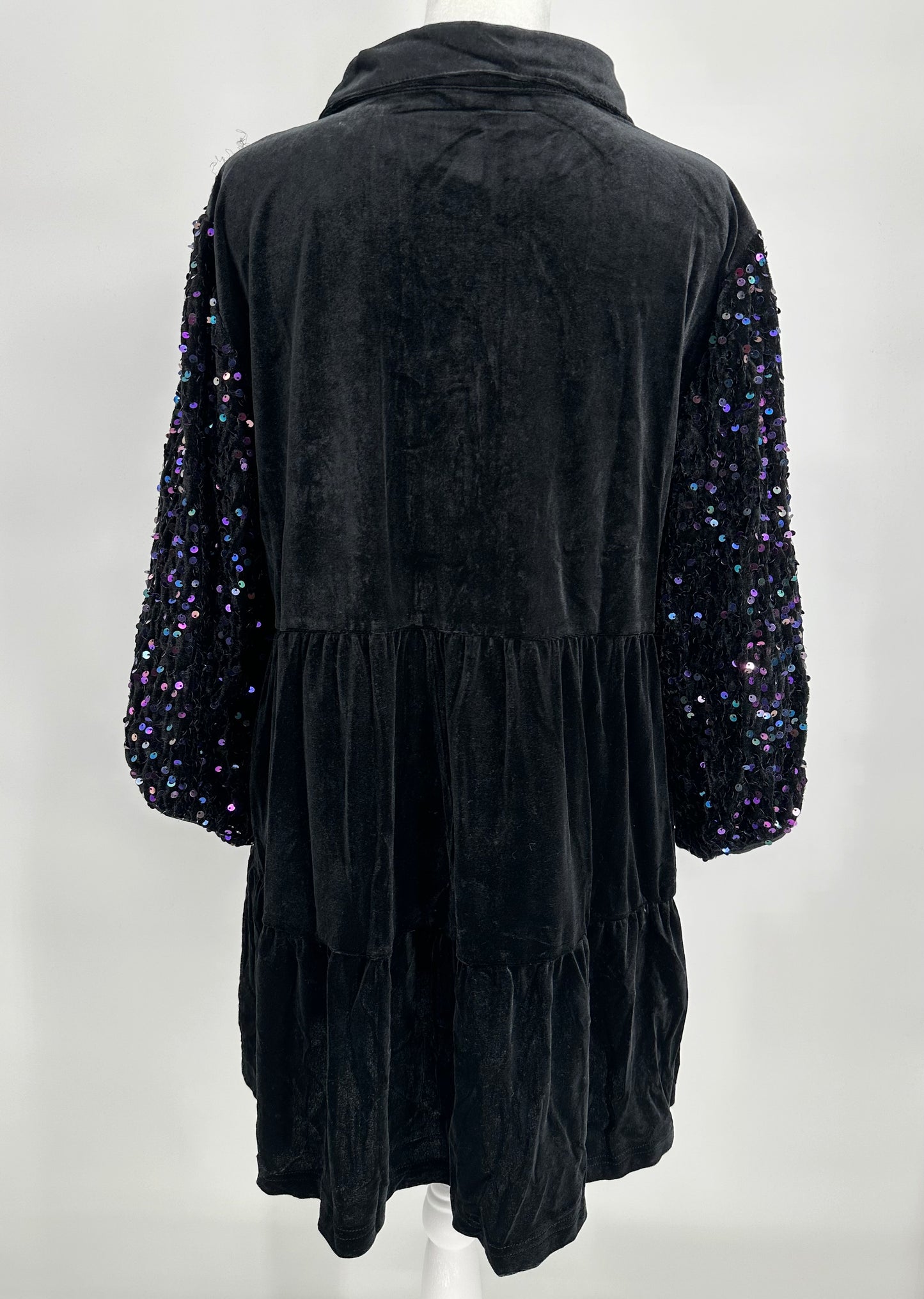 Black Velvet Button Front Dress with Sequin Sleeves