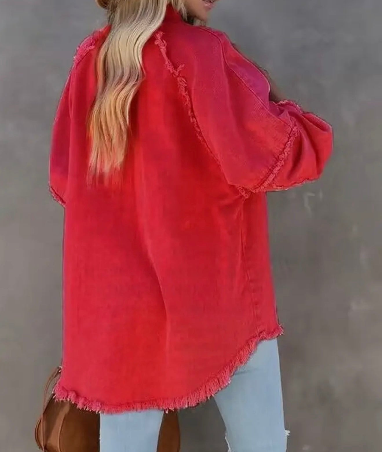 Red frayed denim jacket