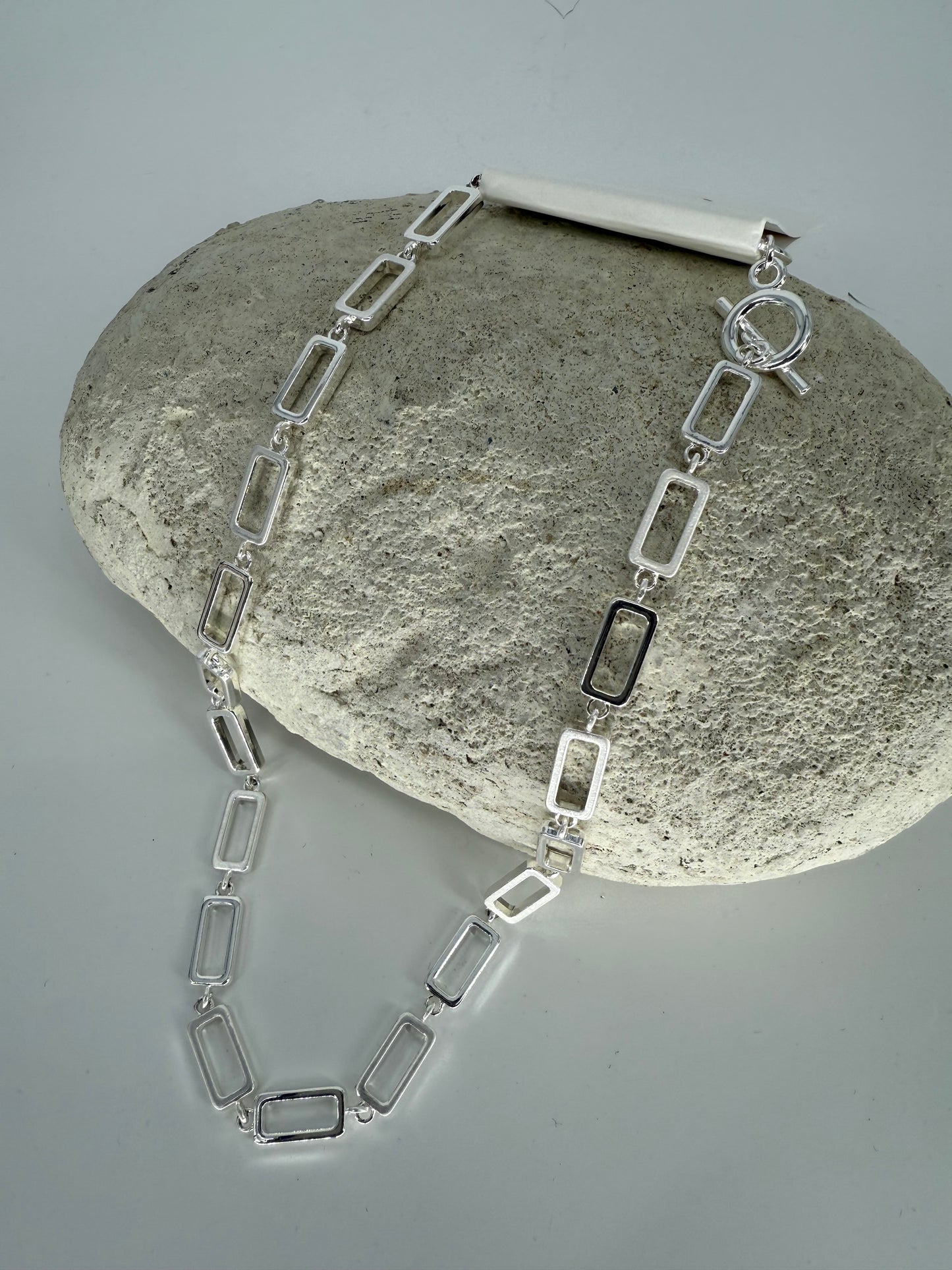 Trezo Silver Rectangle Link Necklace and Bracelet with Toggle Style Closure
