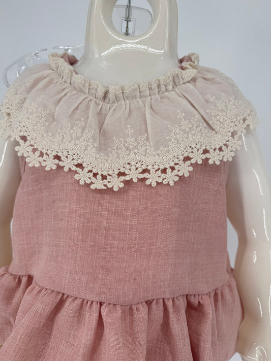 CH11 Toddler Children's Mauve 2 Pc Pant Set with Wide Leg Design and Antique Lace Collar and Trim