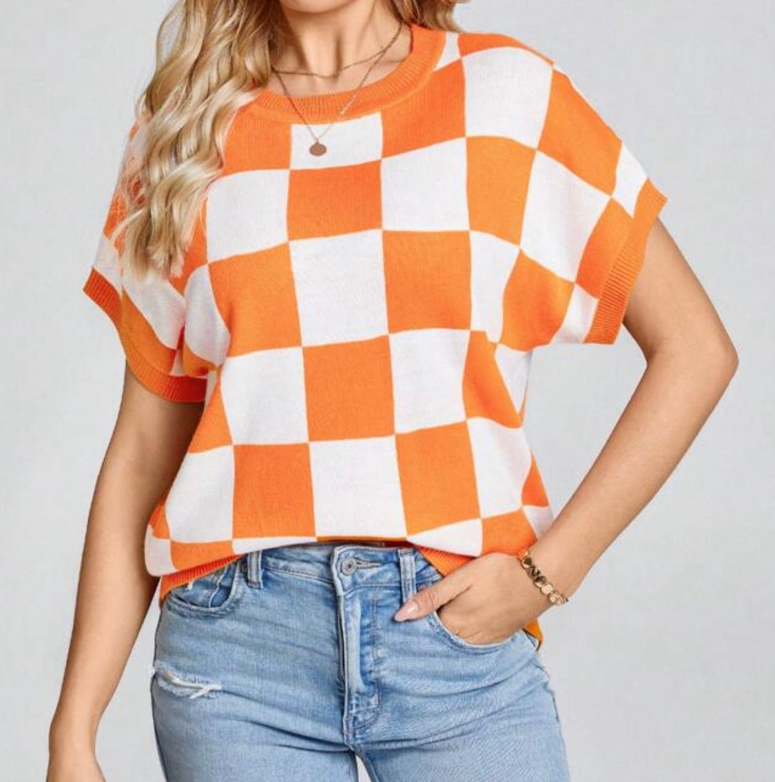 Orange and White Checkered Sweater