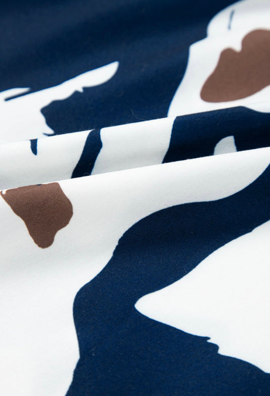 Navy Blue Top with Cream and Brown Bold Print