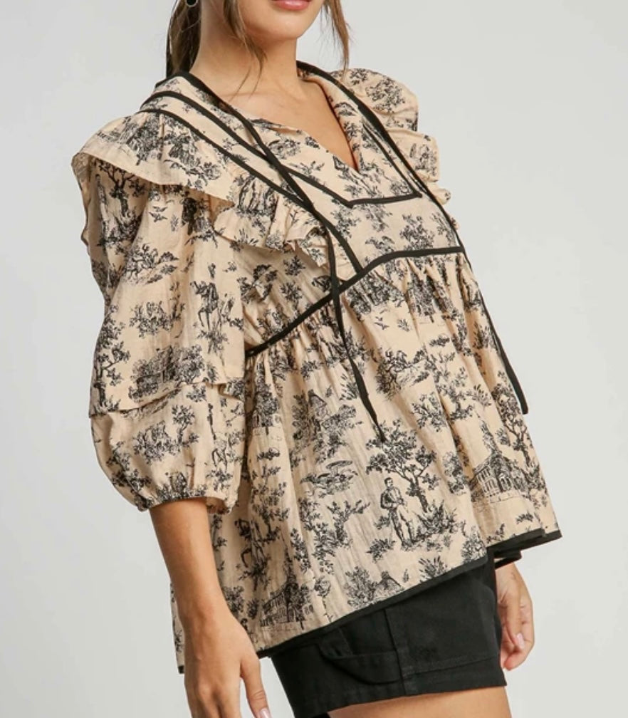 Umgee Taupe Toile Print Top