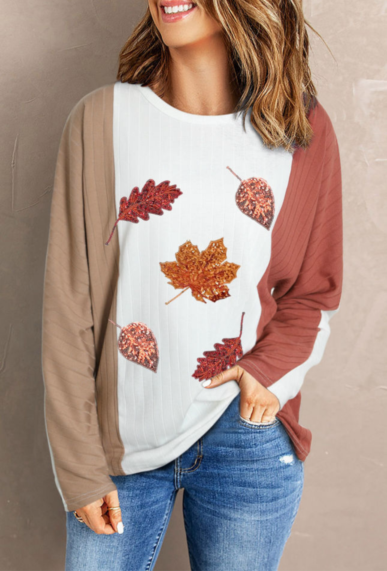 Fall Sequin Leaves Color Block Long Sleeve Top
