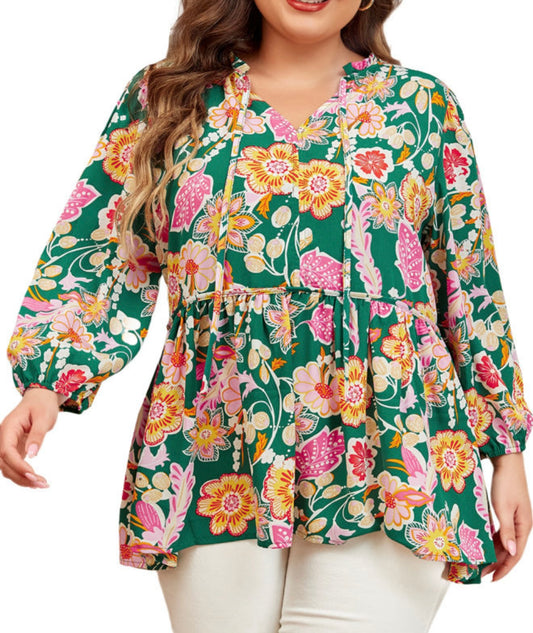 Floral Print Green Blouse with Tie at Neck