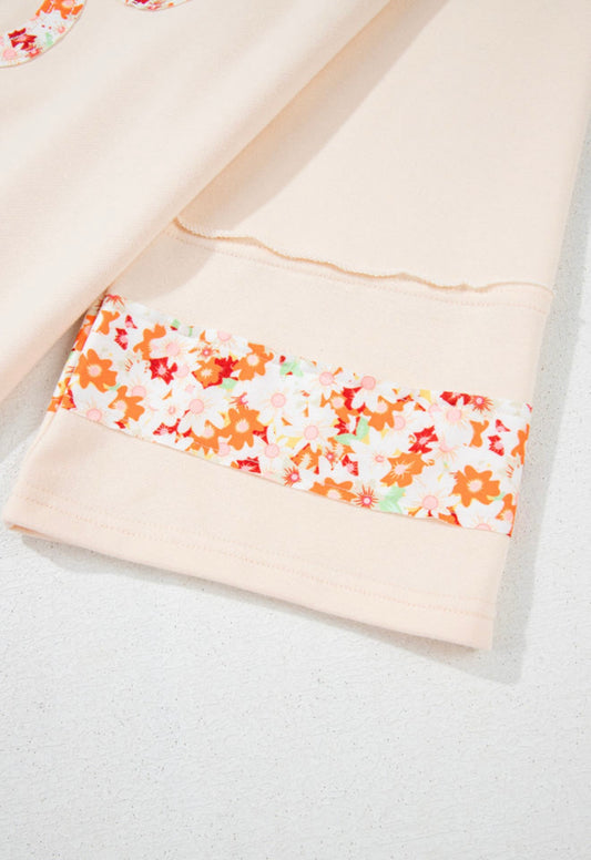 Flower Design Beige French Terry Top