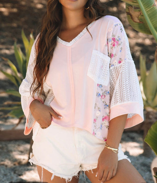 Pink Lace Patchwork Top with Bat Wing Sleeve