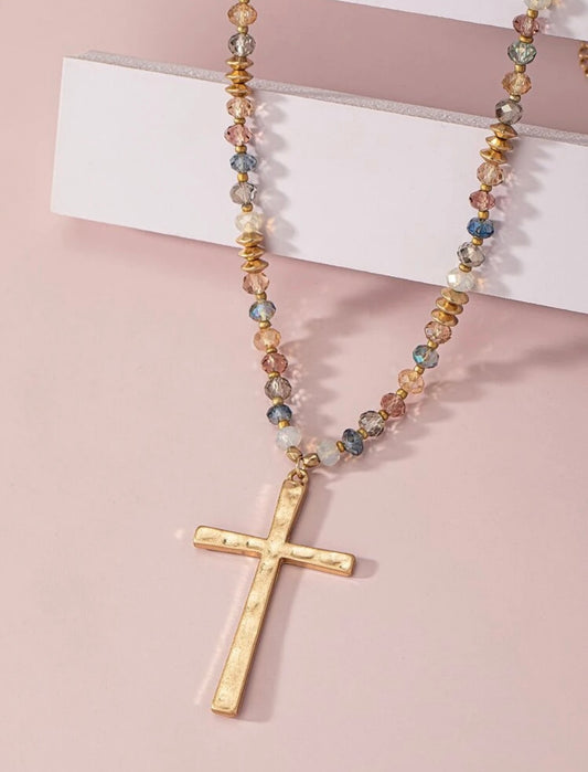 Gold Cross Necklace with Crystal Beads