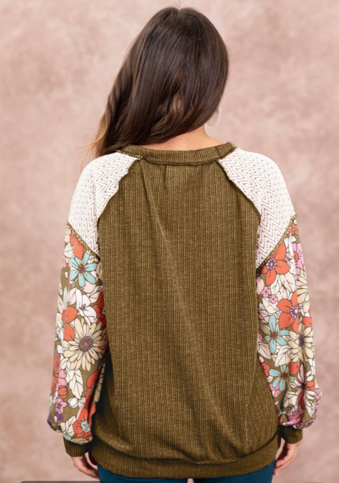Brown Top with Floral Long Sleeve and Lace accent