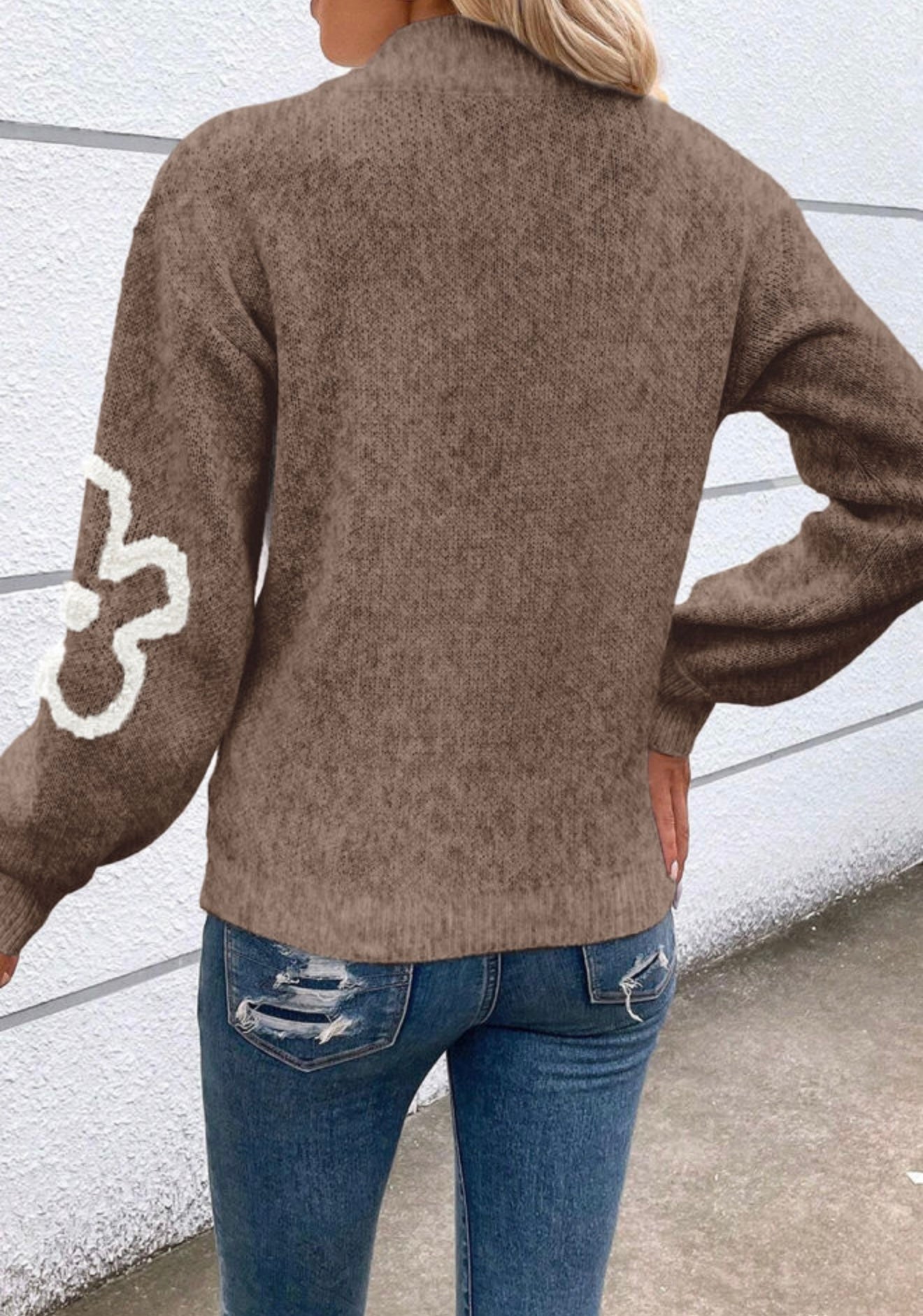 Brown Zipper Neckline Sweater with Flower Accents