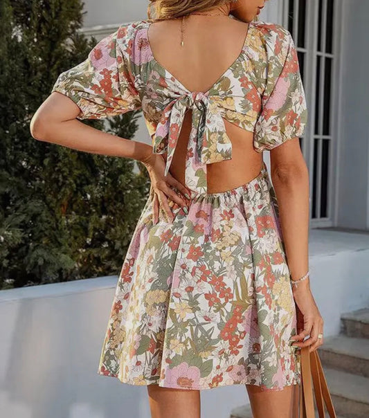 A85 Green Floral Print Tie Back Spring Dress - Ivy's Gifts & Boutique