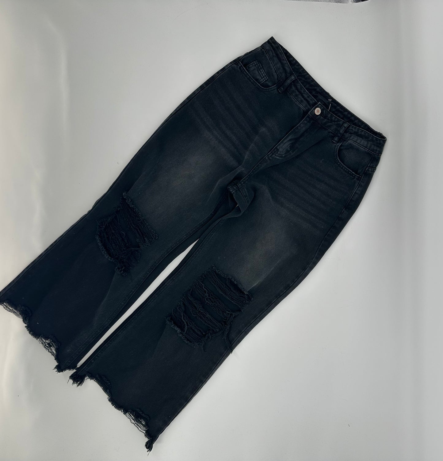 Black Washed Wide Leg Distressed Crop Pants